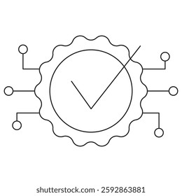 Icon of a digital certification badge with circuit connections, symbolizing quality assurance, cybersecurity, and AI verification. Vector pictogram with thin black lines, with editable line thickness