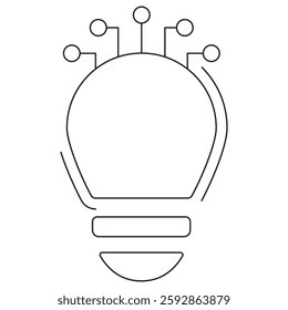 Icon of a digital light bulb with circuit connections, symbolizing AI innovation, smart technology, and creative solutions. A vector pictogram with thin black lines, with editable line thickness