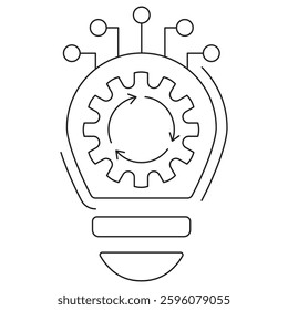 Icon of a digital light bulb with a gear and circuit connections, symbolizing AI automation, innovation, and smart technology. A vector pictogram with thin black lines, with editable line thickness