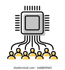 Icono digital, sociedad de red. Dependencia de los gadgets. Ciborgs. Procesadores en la cabeza de la gente. Sello digital de humanidad. Control informático de una persona.