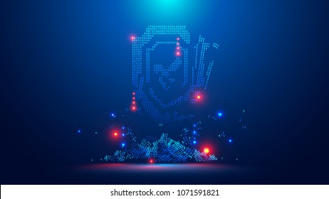 Icon of the digital shield broken. Symbol digital cyber security crack hacking. Web crime or virus attack. Symbol of protection damaged. Hacking concept.