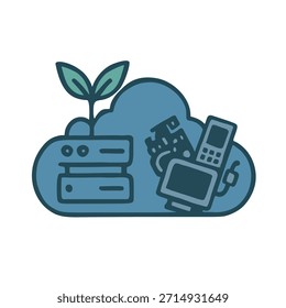 Icon "Digital Sustainability - Tech Waste" - Eine Cloud oder ein Server mit Blättern, die auf der einen Seite wachsen und elektronischem Abfall auf der anderen.