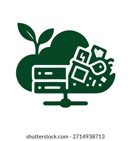 Icono "Sostenibilidad digital - Desperdicio tecnológico" - Un servidor en la nube con hojas que crecen por un lado y desechos electrónicos por el otro.