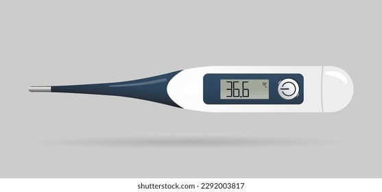 Icono del termómetro digital con la temperatura corporal medida. Equipo médico para su uso en el hospital o en el hogar. Ilustración realista aislada en un fondo gris.
