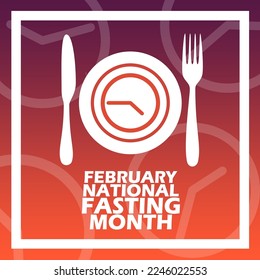 Icon of a dinner knife, fork, plate and clock with bold text in frame on gradient background to commemorate National Fasting on February
