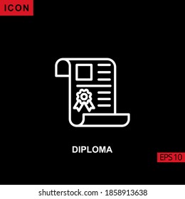 Icon diploma certificate paper vector on black background. Illustration line, linear, outline and lineal icon for graphic, print media interfaces and web design.