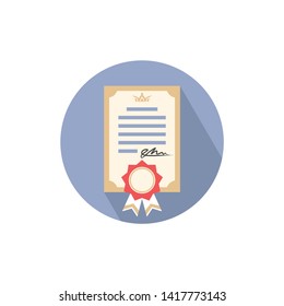 icon of diploma of education, gift certificate, document with ribbon and signature, color image in a circle, sign, logo, isolated vector illustration