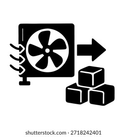 Icono Direct Air Capture: Un Grande ícono de ventilador que tira del aire y emite bloques de carbón sólido.