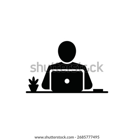 Icon displays a person using a laptop at a desk, with a small plant alongside, set against a clean, transparent backdrop ideal for versatile design.
