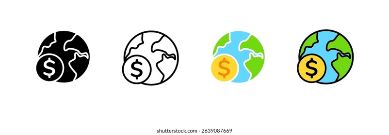 Icon displays various designs of global money exchange, highlighting different styles of currency.