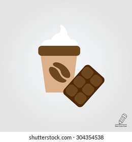 Icon of disposable coffee cup with whipped cream and coffee bean picture and chocolate bar
