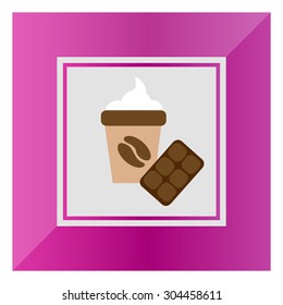 Icon of disposable coffee cup with whipped cream and coffee bean picture and chocolate bar