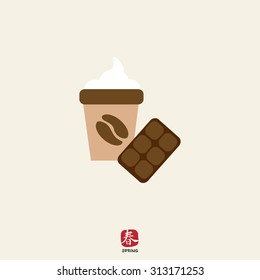 Icon of disposable coffee cup with whipped cream and coffee bean picture and chocolate bar