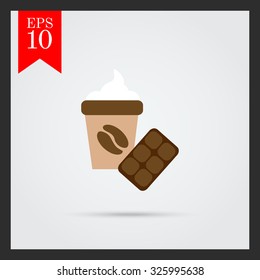 Icon of disposable coffee cup with whipped cream and coffee bean picture and chocolate bar