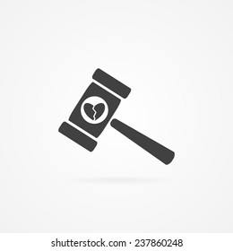 Icon Of Divorce - Gavel With Broken Heart. Shadow And White Background.