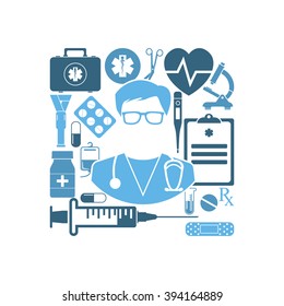 Icon doctor concept abstract background. Vector illustration. Emergency doctor with medical equipment. Set medical icons. Healthcare, pharmacy.