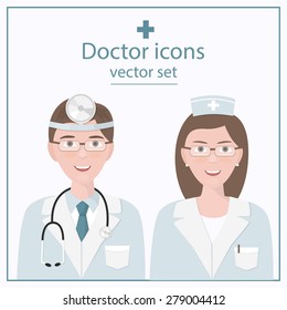 Icon doctor. Nurse symbol isolated on a white background. Medical woman and man. Vector illustration of  doctor treating ear, nose and throat.
