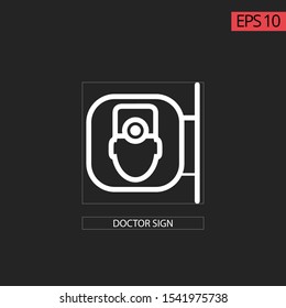 Icon doctor sign with doctor people and square. Thin line white with black background. Concept of room doctor in hospital or clinic.
