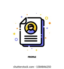 Icon of document with personal info data and photo for profile card or identity document concept. Flat filled outline style. Pixel perfect 64x64. Editable stroke