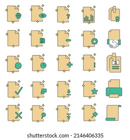 conjunto de documentos de iconos color naranja y verde pastel