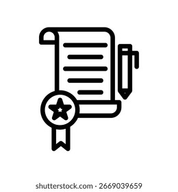 Um ícone de um documento com um selo de estrela e uma caneta, representando um certificado ou prêmio.