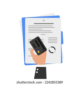 icon of documents, a hand with a card, on a white background, vector illustration