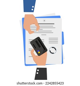 icon of documents, a hand with a card, on a white background, vector illustration