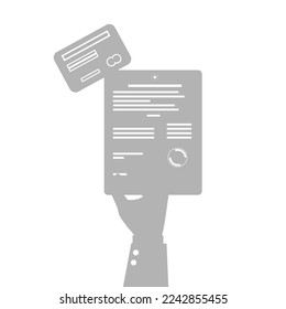 icono de documentos, una mano con una tarjeta, sobre un fondo blanco, ilustración vectorial