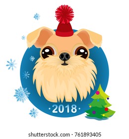 Icon of a dog on a background of a blue circle, decorated with snowflakes and Christmas fir. Symbol of the new year 2018.