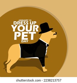 Icon of a dog wearing a tie and black hat with bold text on brown background to celebrate Dress Up Your Pet Day on January 14