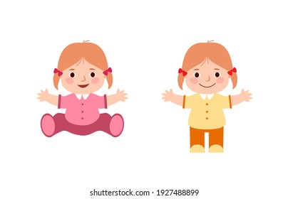 Icono de muñeca sentado y de pie. El niño está parado ahí levantando las manos y sonriendo. Niña pequeña con los colas de ponis es feliz. Ilustración vectorial aislada en fondo blanco.