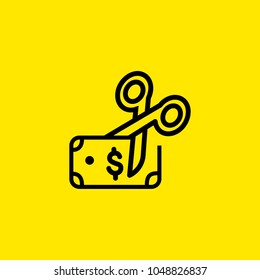 Icon of dollar bank note and scissors. Money, cut, budget. Economy concept. Can be used for topics like finance, business, cost.