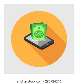 Icon of dollar banknotes sinking in smartphone screen