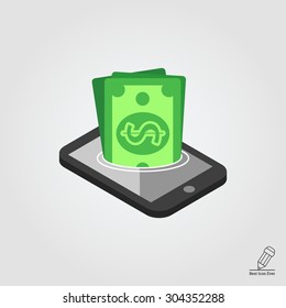Icon of dollar banknotes sinking in smartphone screen