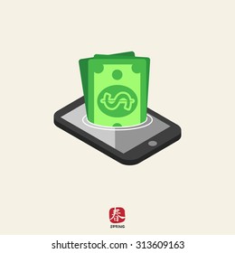 Icon of dollar banknotes sinking in smartphone screen
