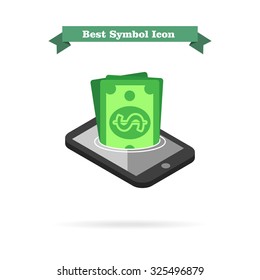 Icon of dollar banknotes sinking in smartphone screen