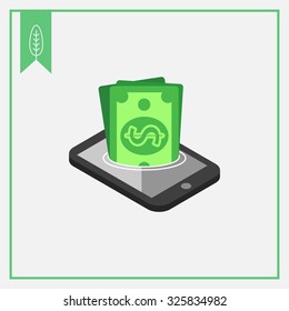 Icon of dollar banknotes sinking in smartphone screen