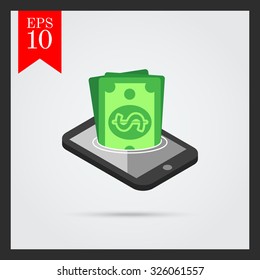 Icon of dollar banknotes sinking in smartphone screen