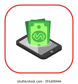 Icon of dollar banknotes sinking in smartphone screen