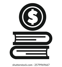 Icon of a dollar coin resting on a stack of books, representing the concept of financial literacy and the pursuit of wealth through knowledge