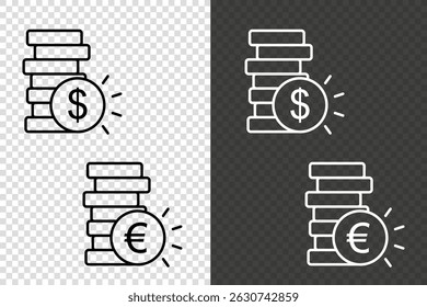 Icon Dollar and euro coin stacks on transparent backgrounds. Vector icon of stacked coins with dollar and euro symbols and rays, shown on a transparent background