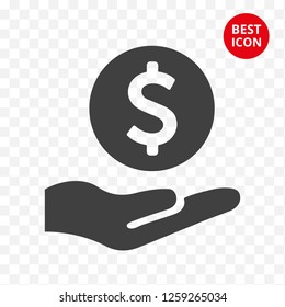 icon dollar in hand. Careful storage money. Line vector isolated. Minimalism style coin icon. Isolated flat style. For mobile apps payment casino web site logo sale coin bank business.