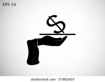 Icon dollar on a tray in hand Waiter. Concept of profit, wealth. Icon. Vector.
