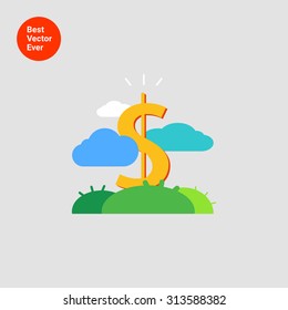 Icon of dollar sign growing on green lawn