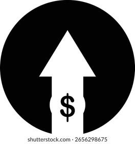  Icon of Dollar Up. Money increases icon. black circle. 