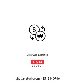 Icon dollar won exchange symbol illustration with line style, isolated on white background. EPS10 - Vector
