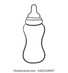 An icon of a doodle baby bottle for feeding. Milk baby bootle sign.Hand drawn vector illustration isolated on white background.