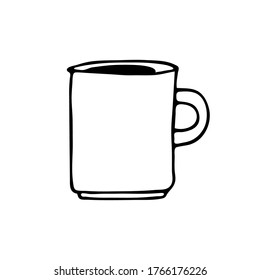 Icon in doodle style of cup, mug isolated on white background. Template for postcard, banner, poster, web design. Hand Drawn vector illustration.