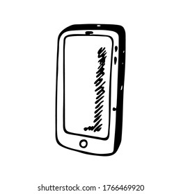 Icon in doodle style of smartphone isolated on white background. Template for postcard, banner, poster, web design. Hand Drawn vector illustration.