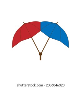 El icono de un paraguas de doble lluvia con colores rojo y azul sobre un fondo blanco. Una imagen vectorial.